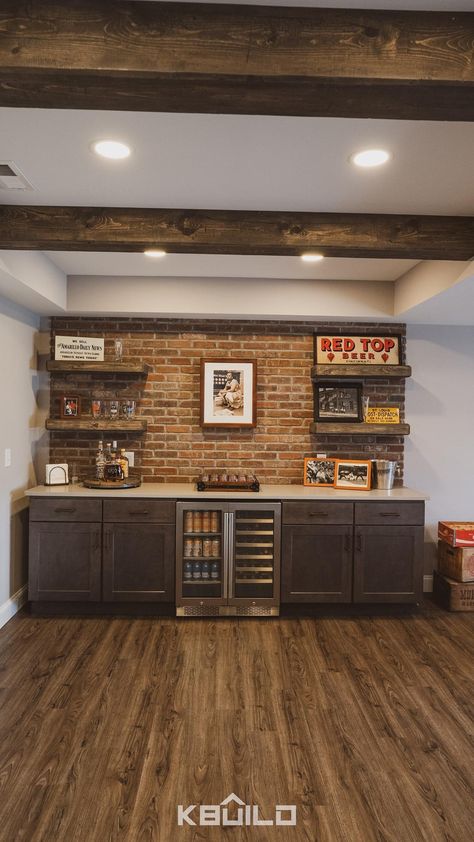 Farmhouse Bar Ideas For Home, Gameroom Bar Ideas Diy, Family Room Bar Ideas Farmhouse, Basement Concession Bar, Home Sports Bar Ideas Basement, Basement Bar With Brick Wall, Basement Bar Ideas With Tv, Finished Basement Ideas With Bar, Brick Bar Ideas