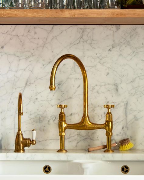 Taps & Sinks | deVOL Kitchens Antique Brass Kitchen Faucet, Vintage Kitchen Faucet, Brass Pot Filler, Vintage Faucet, Tuscan Farmhouse, Arabescato Marble, Devol Kitchens, Brass Pot, Brass Kitchen Faucet