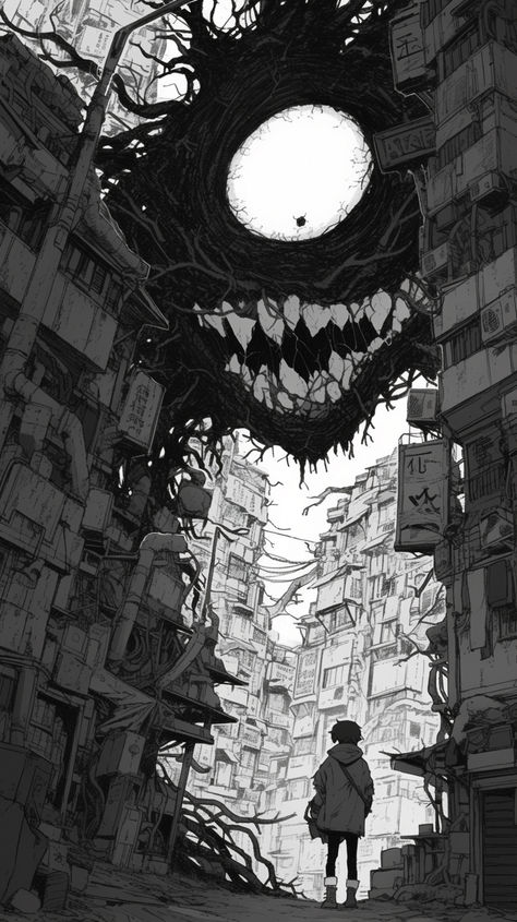 Creepy Perspective Drawing, Creepy Building Drawing, Insane Manga Panels, Manga Monster Art, Horror Drawings Creepy Art, Anime Horror Drawing, Creepy Manga Art, Horror Sketches Creepy, Pov Sketch