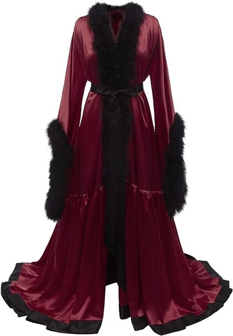 Feather Fur Robe Bridal Robe Old Hollywood Maternity Photoshoot Nightgown Silk Satin Long Lingerie Bathrobe Sleepwear Black S/M at Amazon Women’s Clothing store Fancy Robes, Pinup Photoshoot, Maternity Sleepwear, Satin Lingerie, Fancy Dresses Long, Silk Robe, Bridal Robes, Night Outfits, Silk Satin