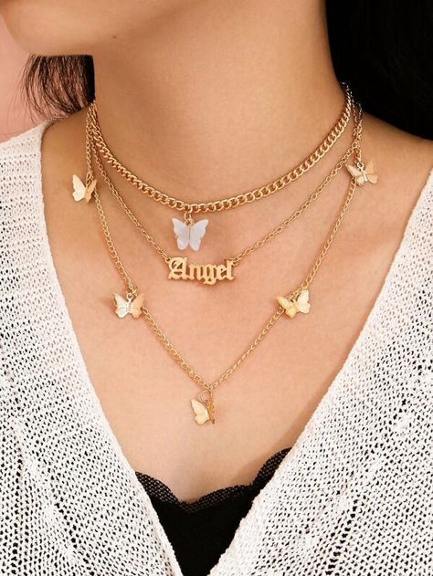 Butterfly Letter Layered Necklace | SHEIN USA Bijoux Piercing Septum, Layered Chain Necklace, Dope Jewelry, A Necklace, Cute Necklace, Girly Jewelry, Butterfly Necklace, Stylish Jewelry, Trendy Jewelry