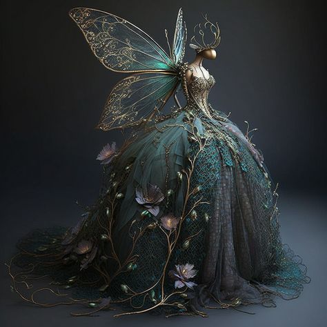 Garden Gown, Gown Dress Design, Dress Design Ideas, Fairy Gown, Dragonfly Garden, Black Rabbit, Fairytale Fashion, Fairy Dresses, Fantasy Dresses