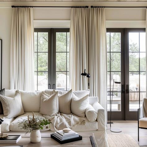 The white living room boasts modern curtains Two Window Curtain Ideas, Window Wall Curtains, Living Room Window Wall, Living Room Big Windows, Window Treatments Diy, White Curtains Living Room, House Curtains, Luxury Villa Design, Cool Tricks