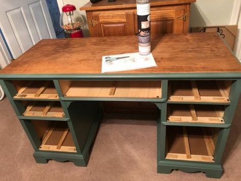 Vintage Desk Makeover, Metal Desk Makeover, Refinished Desk, Desk Flip, Desk Makeover Diy, Desk Redo, Wood Desk Top, Leather Top Desk, Habitat Restore