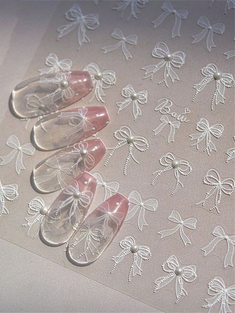 1pc 5D Nail Stickers Pearl Bow  Butterfly  Nail Charms Engraved Sliders For Nails Decor Manicure Decals DIYI discovered amazing products on SHEIN.com, come check them out! 5d Nail Art, Shell Light, Nail Stickers Decals, Pearl Decorations, Pearl Bow, Butterfly Nail, Nail Charms, Lace Bows, Nail Art Stickers