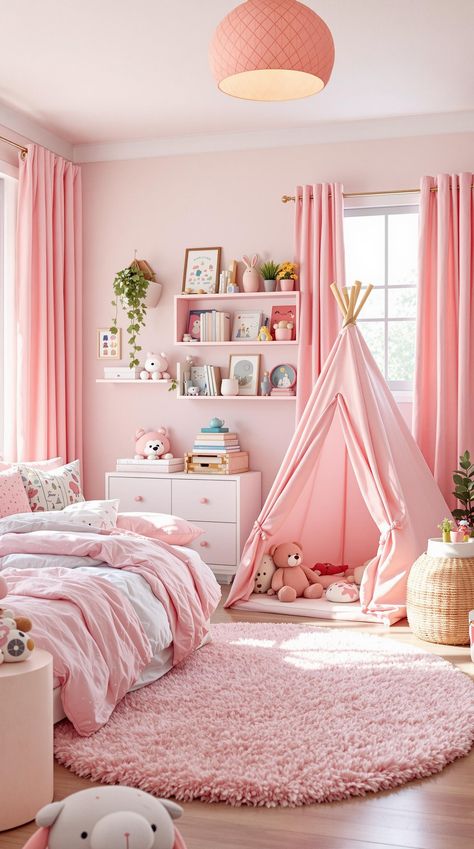 Pink Room Decor Curtain For Pink Wall Room, Girls Pink Room Ideas, Paint Ideas For Girls Bedroom, Pink Girls Room Ideas, Purple Girls Room Paint, Girls Room Wall Color, Barbie Themed Room, Pink Room Decor Ideas, Pink Toddler Bedroom