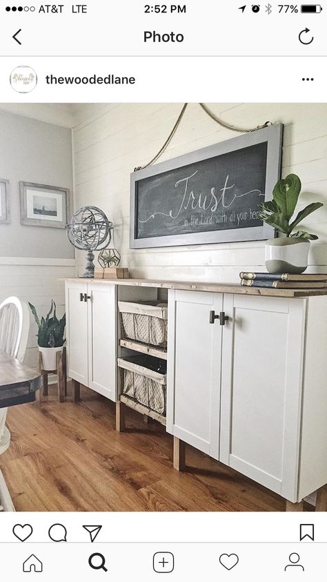 Built buffet with two stock cabinets from Lowes. Added wooden legs for height. Then added wood top and a couple shelves in the middle to bring it all together. Diy Buffet, Diy Sideboard, Stock Cabinets, Modern Laundry Rooms, Dining Room Buffet, Bar Cart Decor, Basement Renovations, New Kitchen, Kitchen Dining Room