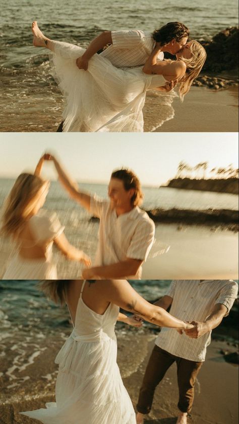 White Beach Engagement Dress, Beach Photo Engagement, Prenup Shoot Beach, Beach Aesthetic Couple Photos, Engagement Announcement Beach, Beach Wedding Picture Ideas Photography, Laguna Beach Couples Session, Nature Wedding Photoshoot, Engagement Photos Inspo Beach