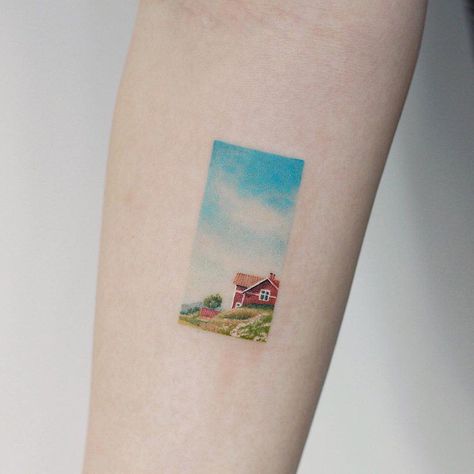 Bicycle Tattoo, Small Tats, Landscape Tattoo, Countryside Landscape, Spiritual Tattoos, Home Tattoo, Girly Tattoos, Red House, Friend Tattoos