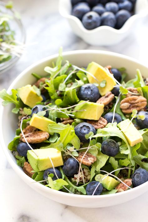 Blueberry Quinoa Power Salad -- with arugula, blueberries, quinoa, pecans, avocado + microgreens! Quinoa Power Salad, Blueberry Quinoa, Microgreens Recipe, Healthy Spring Recipes, Power Salad, Basil Vinaigrette, Simply Quinoa, Organic Blueberries, Quinoa Healthy