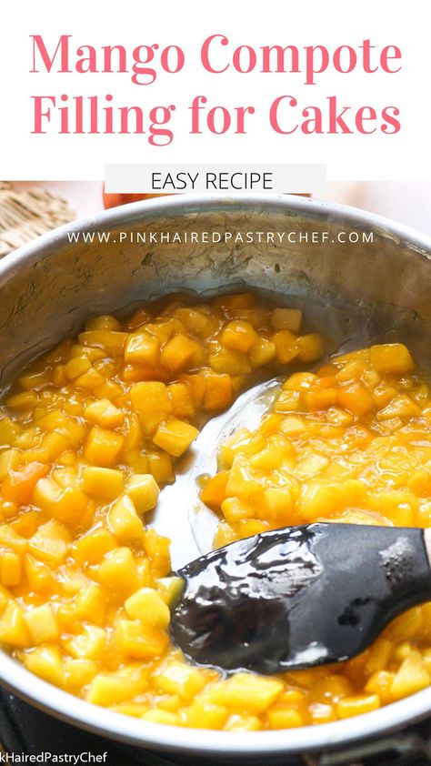 Easy, 4 ingredient mango compote. Perfect for filling cakes, macarons, pavlovas, cupcakes etc. Mango Cake Filling Recipes, Easy Mango Cake Recipes, Mango Compote Recipes, Mango Strawberry Cake, Mango Cake Filling, Mango Filling For Cake, Fruit Filling For Cake, Homemade Tiramisu Recipe, Fruit Filling Recipe