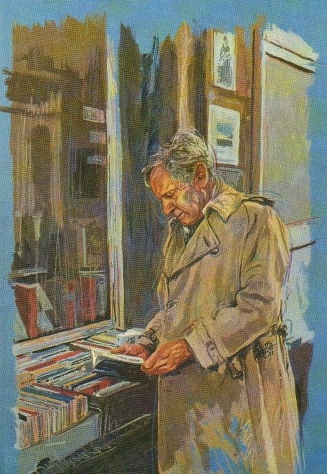 William Gaddis outside a secondhand bookstore in Freiburg, Germany, by Dirk Görtler. Gouache/tempera on cardboard, 40 × 55 cm, 1988 William Gaddis, Freiburg Germany, Bicycle Painting, Tempera, Bookstore, Bicycle, The Outsiders, Germany, Pencil