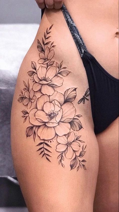 Inner Thigh Tattoos, Front Thigh Tattoos, Thigh Tattoos For Women, Floral Hip Tattoo, Different Styles Of Tattoos, Upper Thigh Tattoos, Cute Thigh Tattoos, Thigh Tat, Hip Thigh Tattoos