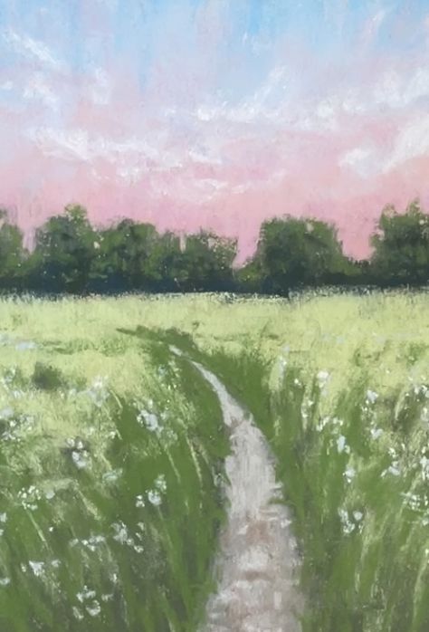 Painting Ideas On Canvas Flower Field, Landscape Painting With Watercolor, Easy Meadow Painting, Simple Flower Field Painting, Flower Field Drawing Easy, Simple Impressionism Art, Grassy Field Painting, Land Scape Drawing Reference, Simple Pastel Painting