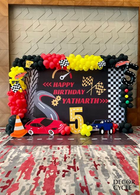 5th Birthday, Racing car theme #birthdaydecor #5thbirthday #racingcar #balloondecor #balloonbackdrop #balloonsetup #balloonphotobooth #kidsbirthday Car Theme Party, Race Car Themes, Car Themed Parties, Car Theme, Car Themes, Balloon Backdrop, Racing Car, 5th Birthday, Theme Party