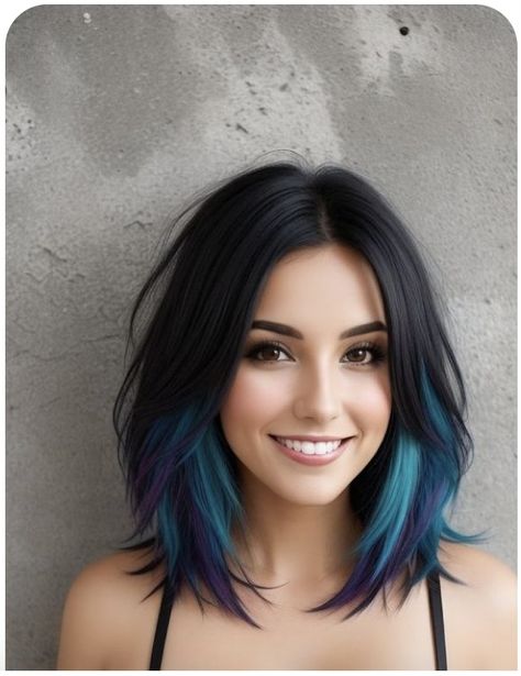 Blue Hair Balayage Brown, Blue Streaks In Brown Hair Short, Blue Hair Balayage, Blue Brown Hair, Blue Hair Highlights, Dyed Hair Purple, Galaxy Hair, Black Hair Dye, Bright Hair