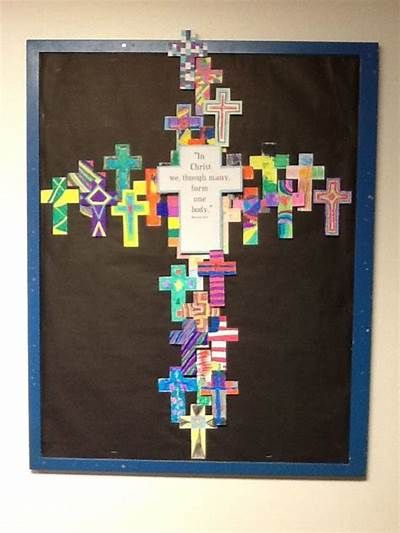 Bulletin board made for church. Students each colored one of the ... Religious Bulletin Boards, Easter Bulletin Boards, Religion Activities, Catholic Schools Week, Christian Bulletin Boards, School Door Decorations, Church Bulletin Boards, School Doors, Religious Crafts