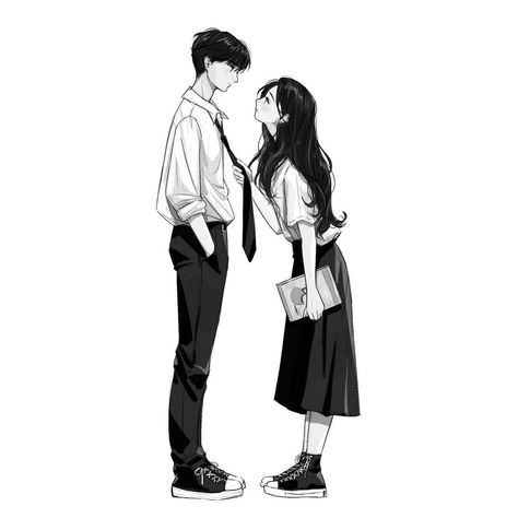 Tall X Short Couple Drawing Base, Friendzone Illustration, Couple Pose Height Difference, Pin To The Wall Pose, Short Couples, Phineas Y Ferb, Black And White Couples, Black And White Illustrations, Manga Drawing Tutorials