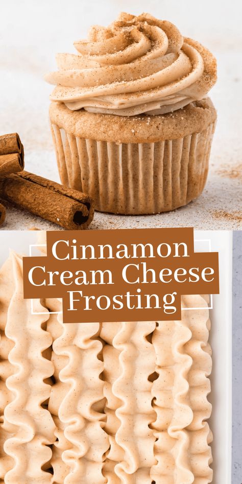 Easy 5 ingredient cinnamon cream cheese frosting upgrades any cake, cupcakes, or sugar cookie bars! Make cinnamon frosting in one bowl in just 5 minutes! Snickerdoodle Frosting, Frosting Tricks, Cinnamon Ganache, Cookie With Frosting, Southern Cakes, Cinnamon Roll Cupcakes, Cinnamon Frosting, Delish Cakes, Cinnamon Cream Cheese