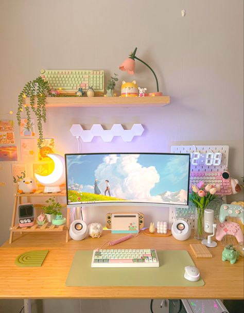 #home #inspo #ghibli #desk #setup #desksetup #gaming #gamingroom Computer Desk Decor Ideas, Pretty Desk Set Up, Craft Desk Setup, Ghibli Desk Setup, Studio Ghibli Pc Setup, Studio Ghibli Desk Setup, Cottagecore Gaming Setup, Anime Desk Setup, Studio Ghibli Desk