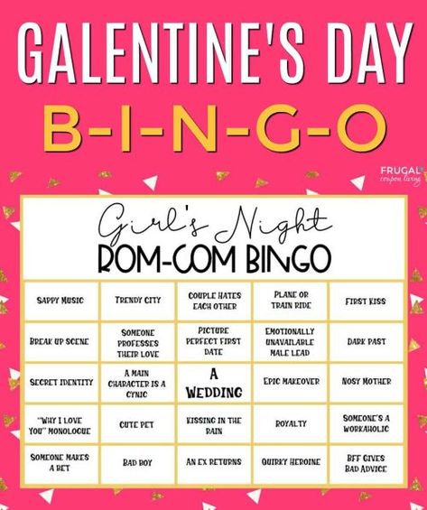 Galentine's Day Bingo - perfect for a Girl's Night. This Rom Com bingo game has everything a Romantic Comedy holds. Happy Valentines' Day or Cynical Schmalentine’s Day! Galentine's Day Ideas for your Girls' Valentine's Day celebration on February 13th! Best Friend Forever BFF Ideas for Ladies Night, Brunch, Slumber Parties, Bachelorette and more! #FrugalCouponLiving #galentines #galentinesday #valentine #valentines #valentinesday #happyvalentinesday #girlsnightout #girlsnight #ladiesnight #ladie Romcom Bachelorette Party, Movie Night Bachelorette Party, Movie Themed Bachelorette Party, Bachelorette Movie Night, Rom Com Party, Bachelorette Movie, Bachelorette Party Ideas Girl Night, Bff Ideas, Galentines Day Ideas