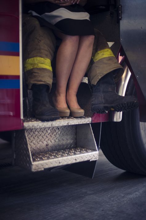 firefighter engagement pictures, fireman, fire truck, boots and heels, wedding Firefighter Boyfriend Aesthetic, Fireman Boyfriend, Firefighter Couple Pictures, Firefighter Aesthetic, Firemen Pictures, Firefighter Engagement Pictures, Firefighter Couple, African Face Paint, Firefighter Boyfriend