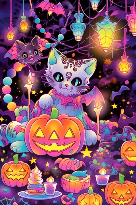 Psychedelic and nostalgic rainbow fun just in time for Halloween! Lisa Frank Halloween Wallpaper, Colorful Spooky Aesthetic, Halloween Lisa Frank, Rainbow Goth Aesthetic, Lisa Frank Aesthetic, Lisa Frank Halloween, Rainbow Goth, Adorable Drawings, Halloween Rainbow