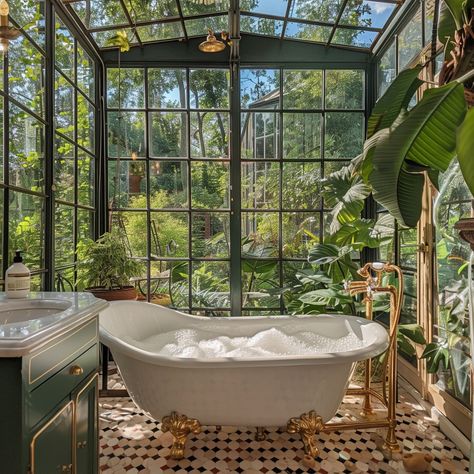 Greenhouse With Bathtub, Greenhouse Bathroom Ideas, Greenhouse Spa, Vibey House, Two Person Bathtub, Greenhouse Bathroom, Luxury Greenhouse, Bachelorette House, Big Bathtub