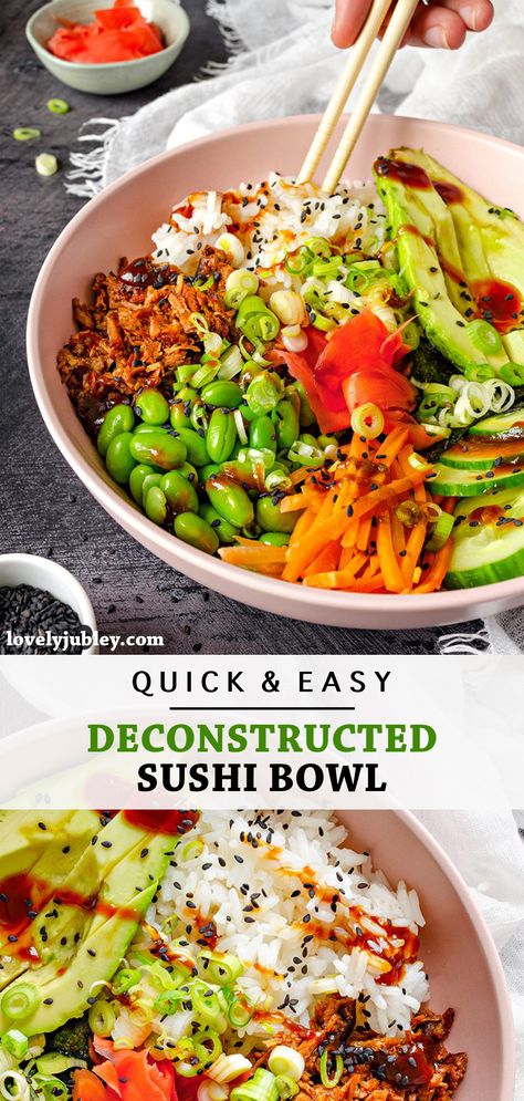 Asian Quick Meals, Sushi Bowl Ingredients, Sushi Bowl Vegetarian, Veggie Sushi Bowl, Sushi Bowl Ideas, High Protein Sushi Bowl, Sushi Inspired Recipes, Tofu Sushi Bowl, Sushi Deconstructed