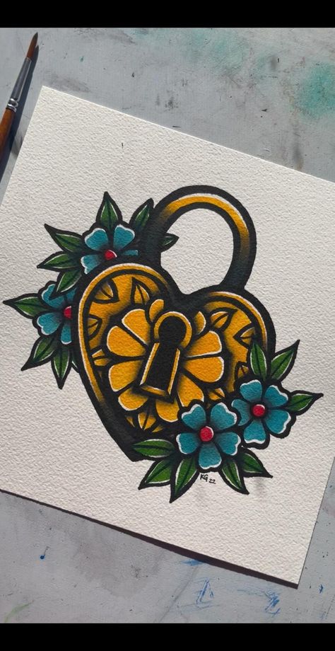 locked down | flash tattoo painting Watercolor Traditional Tattoo, Painted Tattoo Flash, Tattoo Style Paintings, Flash Art Painting, Tattoo Flash Painting, Tattoo Painting Ideas, Tattoo Portfolio Ideas Drawings, Colored Traditional Tattoo, Tattoo Portfolio Apprentice