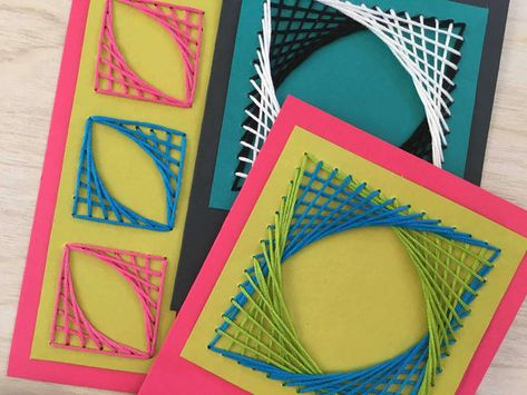 February Crafts For Kids, Geometric String Art, Paper Stitching, Line Art Lesson, Color Projects, Stitching On Paper, February Crafts, 6th Grade Art, String Crafts