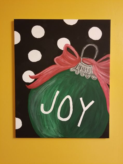 Painting of green ornament with Joy quote using acrylics. If you are interested in seeing more paintings, visit my Facebook page, Pain't it Pretty.  Thank you! Christmas Ornament Painting On Canvas, Easy Christmas Canvas Paintings For Kids, Ornament Canvas Painting, Mini Christmas Canvas Paintings, Christmas Paintings Simple, Mini Canvas Christmas Paintings, Christmas Easy Paintings, Holiday Canvas Painting Ideas, Cute Christmas Paintings