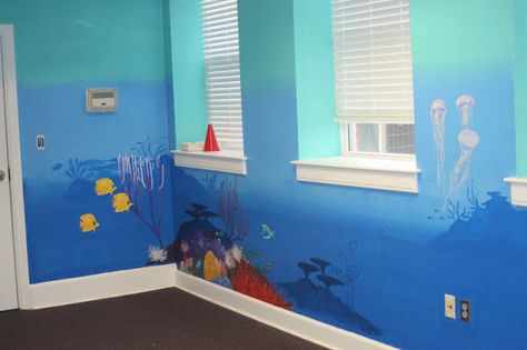 The Barkalows: ocean mural Ocean Mural, Ocean Themed Bedroom, Ocean Nursery, Under The Sea Theme, Sea Theme, Children's Ministry, Baby Boy Rooms, Bedroom Themes