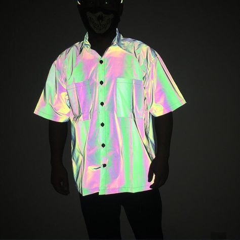 Holographic Shirt Reflective Rainbow Garments Festival Rave | Etsy Holographic Shirt, Shirt Street Style, Rave Outfits Men, Kawaii Clothes Goth, Techwear Streetwear, Rave Fits, Blouse Man, Band Outfits, Hip Hop Shirts