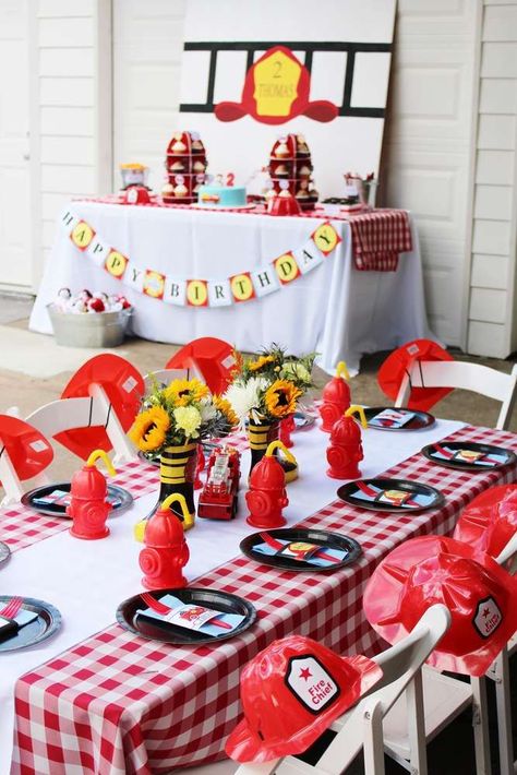 Red and white table at a firefighter birthday party! See more party ideas at CatchMyParty.com! Backyard Bbq Birthday Party, Fireman Sam Birthday Party, Firefighter Birthday Party, Bbq Birthday Party, Fireman Party, Firetruck Birthday Party, Firefighter Party, Fire Truck Party, Fireman Birthday