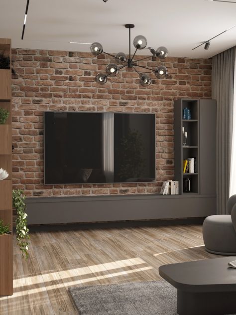 Brick Tv Wall Ideas, Red Brick Wall Living Room, Brick Wall Tv, Wall Decor With Clock, Brick Wall Living Room, Brick Feature Wall, Brick Living Room, Brick Interior Wall, Red Brick Wall