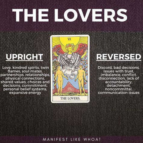 Upright The Lovers Tarot Card Meaning:  Love, kindred spirits, twin flames, soul mates, partnerships, relationships, physical connections, shared values, choices and decisions, commitment, personal belief systems, expansive energy

Reversed The Lovers Tarot Card Meaning: Discord, bad decisions, issues with trust, imbalance, conflict, disconnection, lack of accountability, detachment, noncommittal, communication issues Tarot Spreads Soul Mates, Lovers Tarot Card Meaning, Lack Of Accountability, Lovers Tarot Card, Rider Waite Tarot Decks, The Lovers Tarot Card, Tarot Cards For Beginners, The Major Arcana, The Lovers Tarot