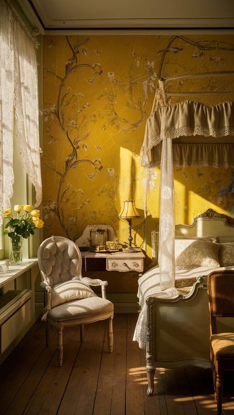 Step into a sunlit room bathed in a warm, golden glow, where vintage charm meets serene elegance. The intricately patterned yellow wallpaper adorned with delicate floral designs exudes a sense of nostalgia. Tastefully arranged antique wooden furniture enhances the rustic charm – from a Victorian chair with plush cushions to an ornate wooden bed with lace bedding. A quaint writing desk with an old-fashioned lamp completes the setting. Sunbeams filtering through sheer lace curtains cast a soft, dappled light, creating a tranquil atmosphere. The fresh yellow roses on the window sill are the perfect touch of nature in this inviting retreat. Yellow Wallpaper Home Decor, Light Yellow Furniture, Victorian Bedroom Aesthetic, Sheer Lace Curtains, Antique Wooden Furniture, Bedroom Aesthetic Vintage, Sunlit Room, Dark Academia Interior, Den Decor