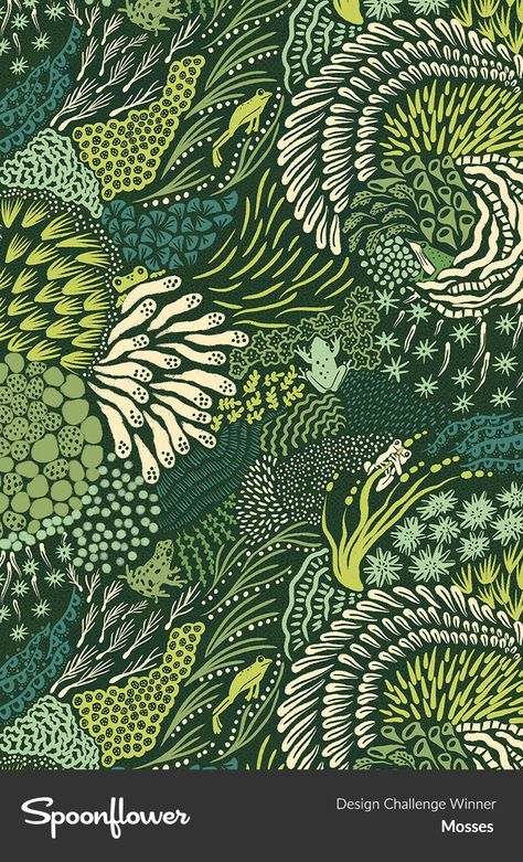 This 💚 moss 💚 be the place! Inspired by forests she walked through on a recent visit to the beautiful national parks of Chile, @freyesartdesign added 6 types of teeny frogs to her winning moss-laden #SpoonflowerChallenge design. 🐸🌱 Can you spot them all, hiding amongst the different species of moss? Shop Francesca’s top-voted design and the rest of the winners in the Mosses Design Challenge. Nature Forest, Leaf Nature, Green Pattern, Design Challenges, Of Wallpaper, Surface Pattern Design, Abstract Shapes, Surface Pattern, Frogs