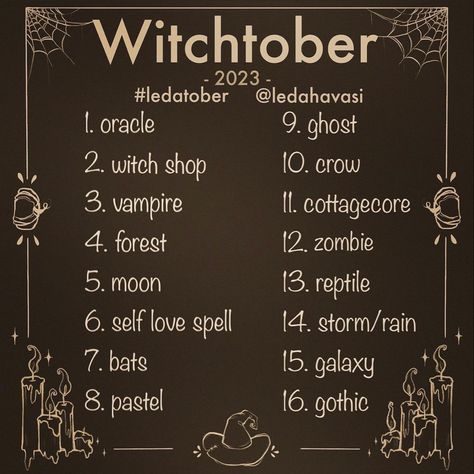 Witchtober 2023 by Leda Prompt List Art Journal Challenge, Sketchbook Challenge, 30 Day Drawing Challenge, Poetry Prompts, Drawing Desk, Prompt List, Art Style Challenge, Drawing Ideas List, Creative Drawing Prompts