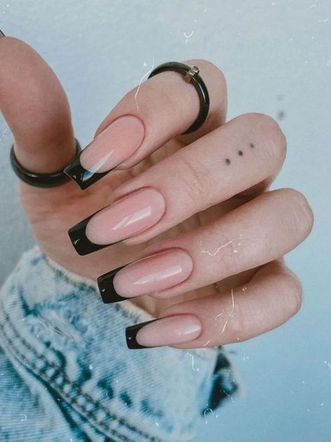 Deep Black French Tip Nails, Ballerina Nails Black French, Black French Tip Nails Ballerina, Black French Nails Square, Black French Tip Nails Long, Black French Nails With Design, Nail Black French, French Nails Ballerina, Black Nails French