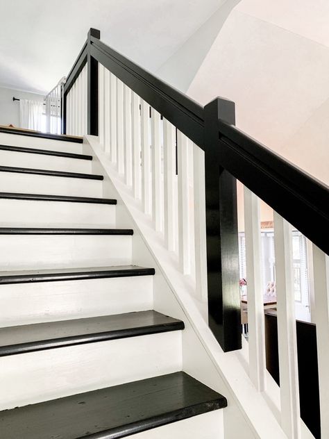 How to Paint Your Staircase - amanda party + home Black And White Stairs Painted, Stairs Black And White, White Chateau, Black And White Staircase, Black Painted Stairs, Black And White Stairs, Black Staircase, Tan Living Room, Painted Staircases