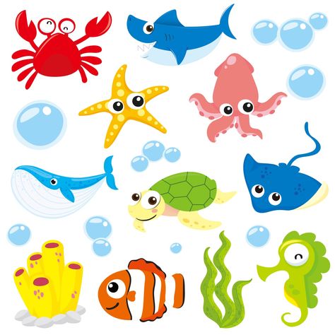 Sea Animals Decorations, Ocean Animal Clipart, Under The Sea Window Painting, Fish Cutout, Animals Under The Sea, Under The Sea Creatures, Fishing Party Decorations, Under The Sea Background, Ocean Elements