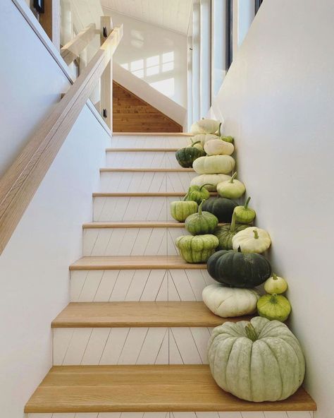 These stairs were made with 100-year-old wood reclaimed from a church floor! Green Pumpkin Decor, Stair Riser Ideas, Painted Stair Risers, Decorating With Pumpkins, White Pumpkin Centerpieces, Pumpkin Tablescape, Grey Floral Wallpaper, Wood Stair Treads, Wallpaper Stairs