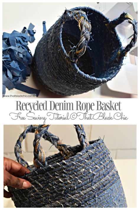 DIY Recycled Denim Rope Basket Free Sewing Tutorial | Fabric Art DIY Denim Rope Basket, Sewn Rope Basket, Scrap Fabric Basket Tutorial, Denim Baskets Diy, Coiled Rope Basket Diy No Sew, Rope Baskets Diy Tutorials Video, No Sew Basket, Coiled Rope Basket Diy, Denim Basket