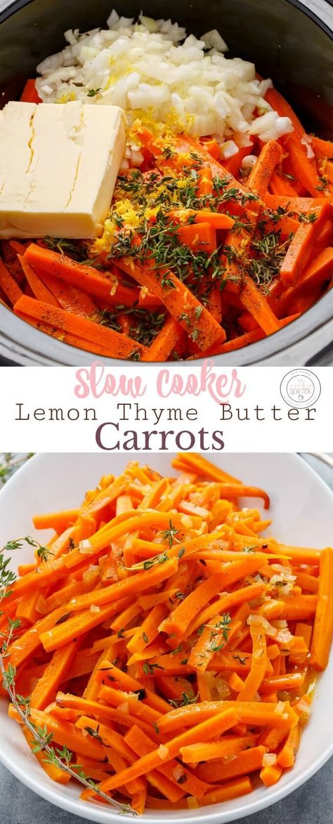 Slow Cooker Lemon Thyme Butter Carrots | #slowcooker #carrots #sidedish #Thanksgiving #Christmas #Easter #vegetarian #glutenfree | During the holidays, oven space is sparse. This slow cooker recipe frees up space and actually does better made ahead of time! A somewhat healthy dish (who doesn't love butter?!) that will wow all yours guests! Carrots Slow Cooker, Thyme Butter, Butter Carrots, Thanksgiving Food Sides, Slow Cooker Vegetarian, Recipes Slow Cooker, Lemon Thyme, Easy Meal Ideas, Thanksgiving Recipes Side Dishes