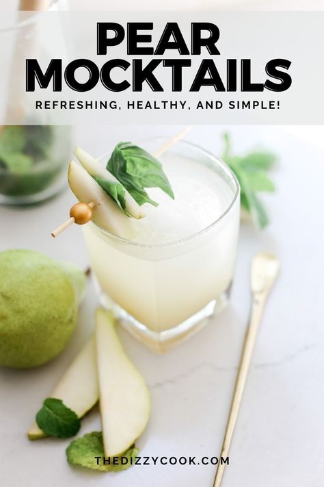 This sparkling pear mocktail is a fun and refreshing non-alcoholic drink for parties, a baby shower, or a holiday event. Pear juice is mixed with mint and basil and topped with soda water for the most delicious drink! Also paleo, whole30, and migraine diet friendly. Pear Mojito, Pear Mocktail, Pear Drink, Pear Drinks, Migraine Diet, Mojito Mocktail, Drink Recipes Nonalcoholic, Pear Juice, Soda Water