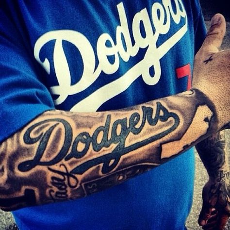 I think yes!!! Dodger tattoo Dodgers Tattoo, Los Angeles Dodgers Tattoo, Last Name Tattoos, La Dodgers Logo, Tiger Head Tattoo, Let's Go Dodgers, Baseball Tattoos, Skyline Tattoo, Dodgers Nation