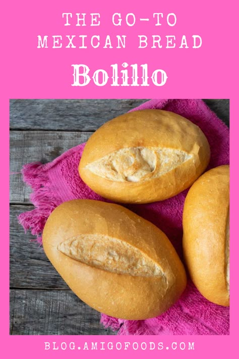 Bolillos are a staple of the traditional Mexican diet. These small white bread buns are delightfully crispy on the outside while soft and fluffy on the inside. You can find these buns used to make tortas and molletes as well as sliced up and served alongside an entrée. #mexicanfood #mexico #recipes #bread #bolillo #cincodemayo #amigofoods Mexican Bolillos Recipes, Bolio Bread, Bollios Mexican Recipe, Bolillos Recipe Mexico, Bolillo Bread Recipe, Mexican Bolillos, Mexican Bread Recipes, Mexican Breads, Bolillo Recipe