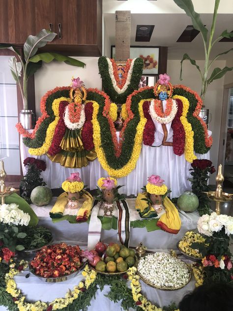 Sathyanarayana Pooja Decoration At Home, Satyanarayana Pooja Decoration Ideas, Padmavathi Ammavaru, Pooja Photos, Pooja Design, House Warming Decoration, Movie Night Photography, Diy Cards For Boyfriend, Hindu Statues Goddesses